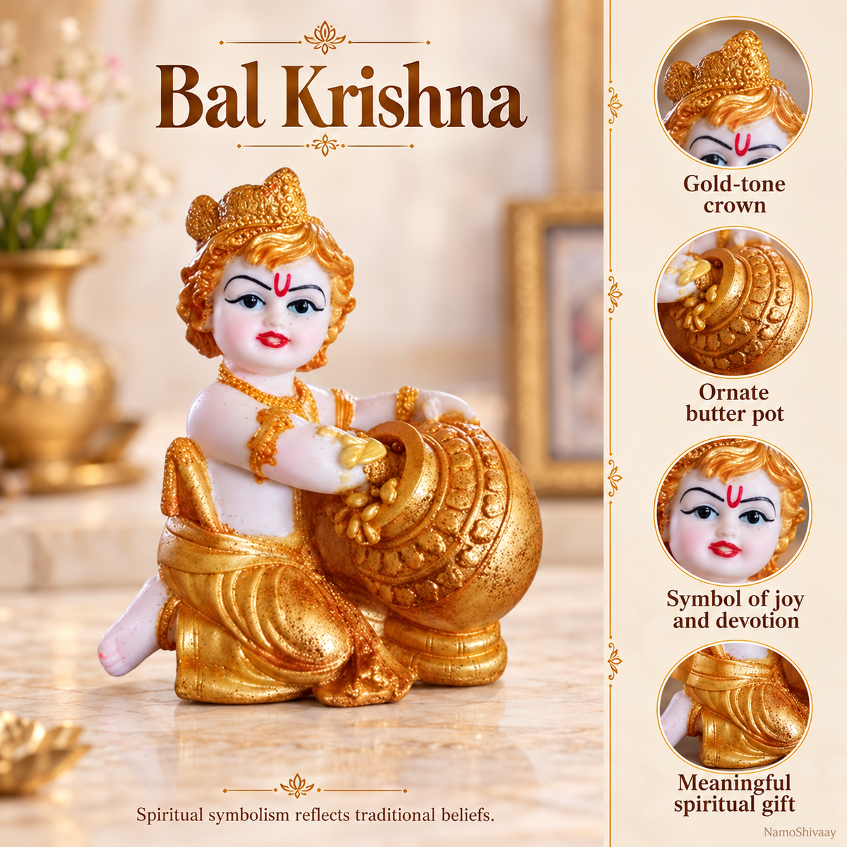 Makhan Chor Bal Krishna Idol – White & Gold