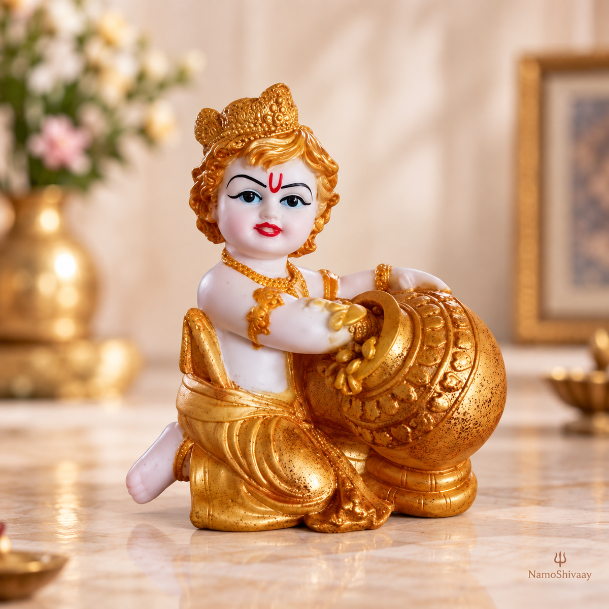 Makhan Chor Bal Krishna Idol – White & Gold