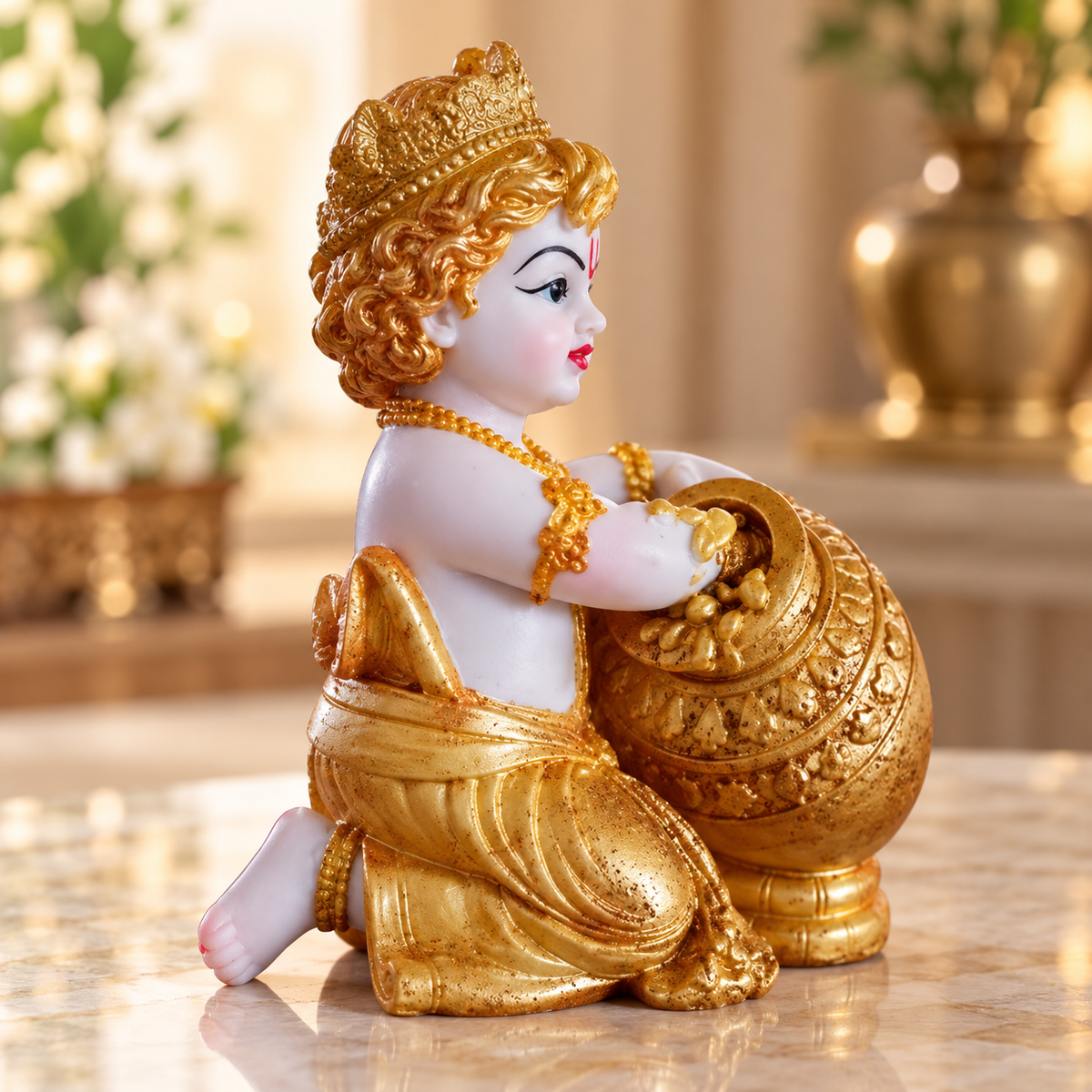 Makhan Chor Bal Krishna Idol – White & Gold
