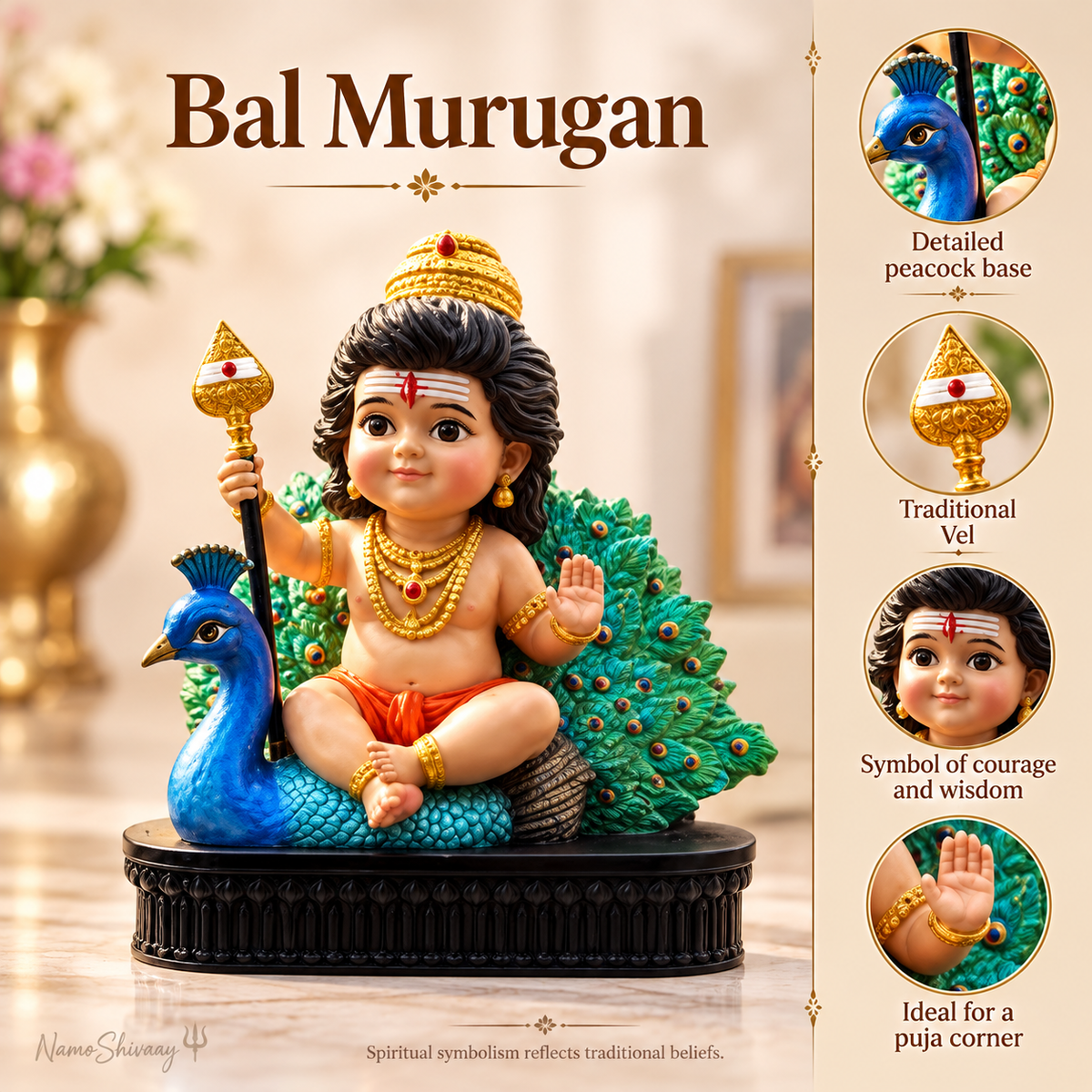 Divine Bal Murugan with Peacock Idol