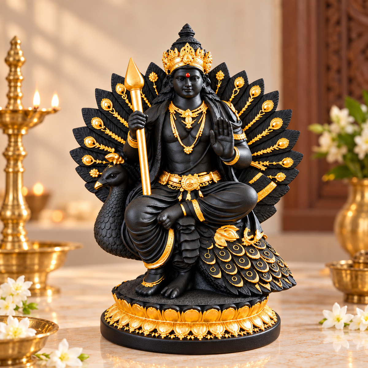 Lord Murugan Seated on Peacock Idol
