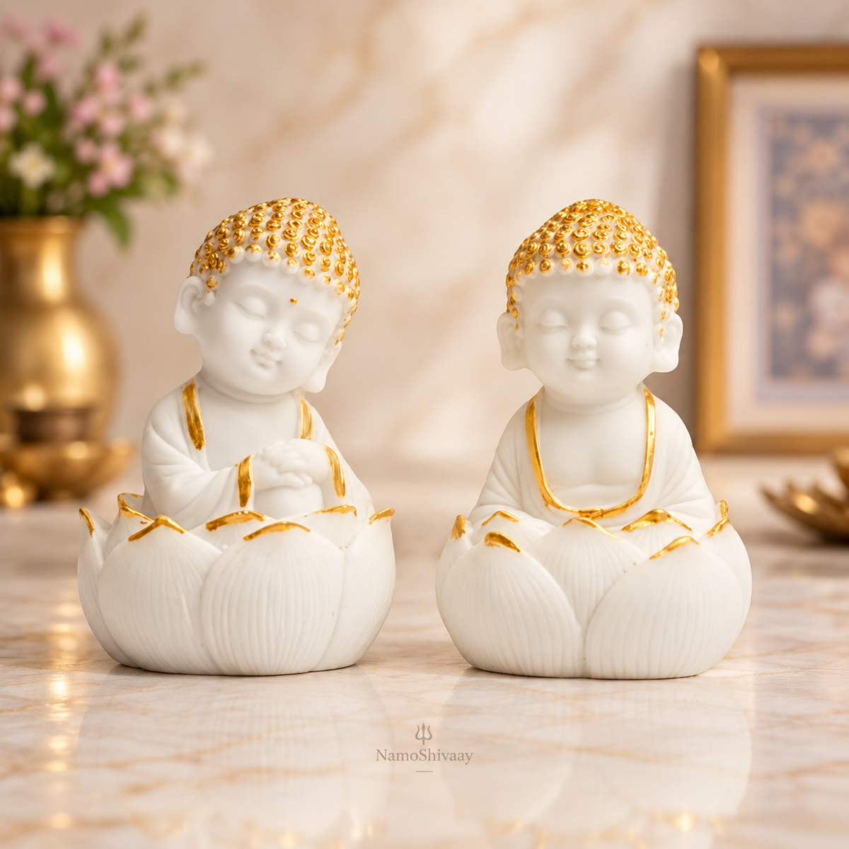 Lotus Buddha Pair – White & Gold