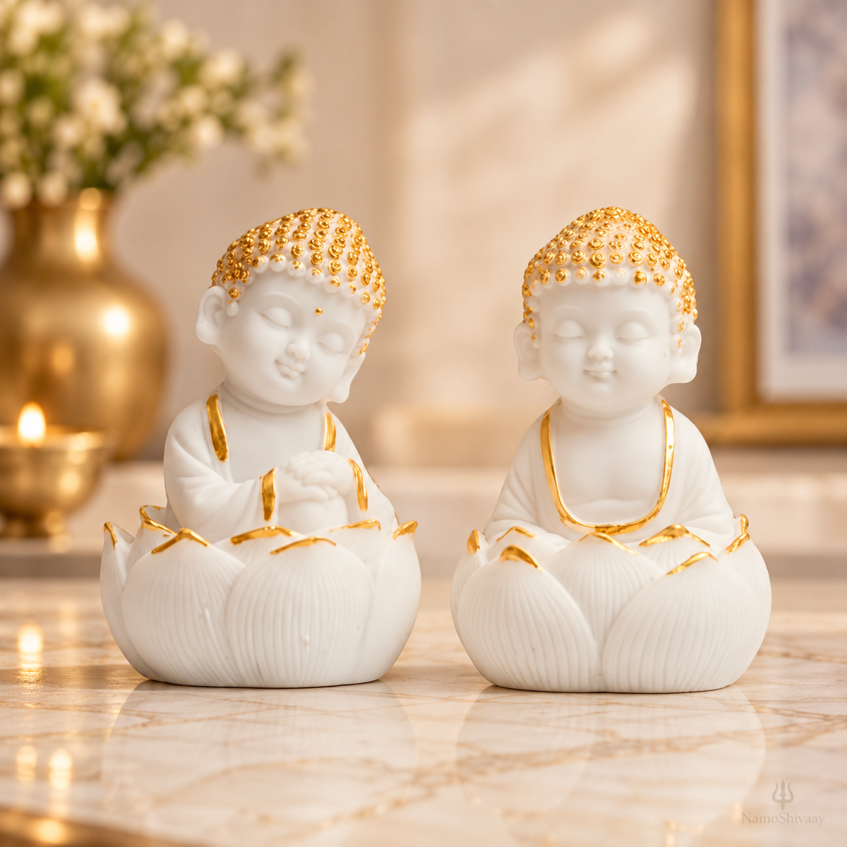 Lotus Buddha Pair – White & Gold